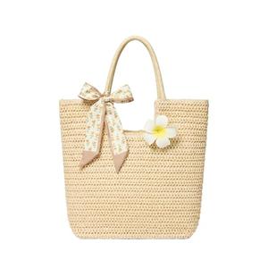 Straw Tote Bag for Women, Large Summer Beach Bag with Polka Dot Scarf & Plumeria Flower (beige)