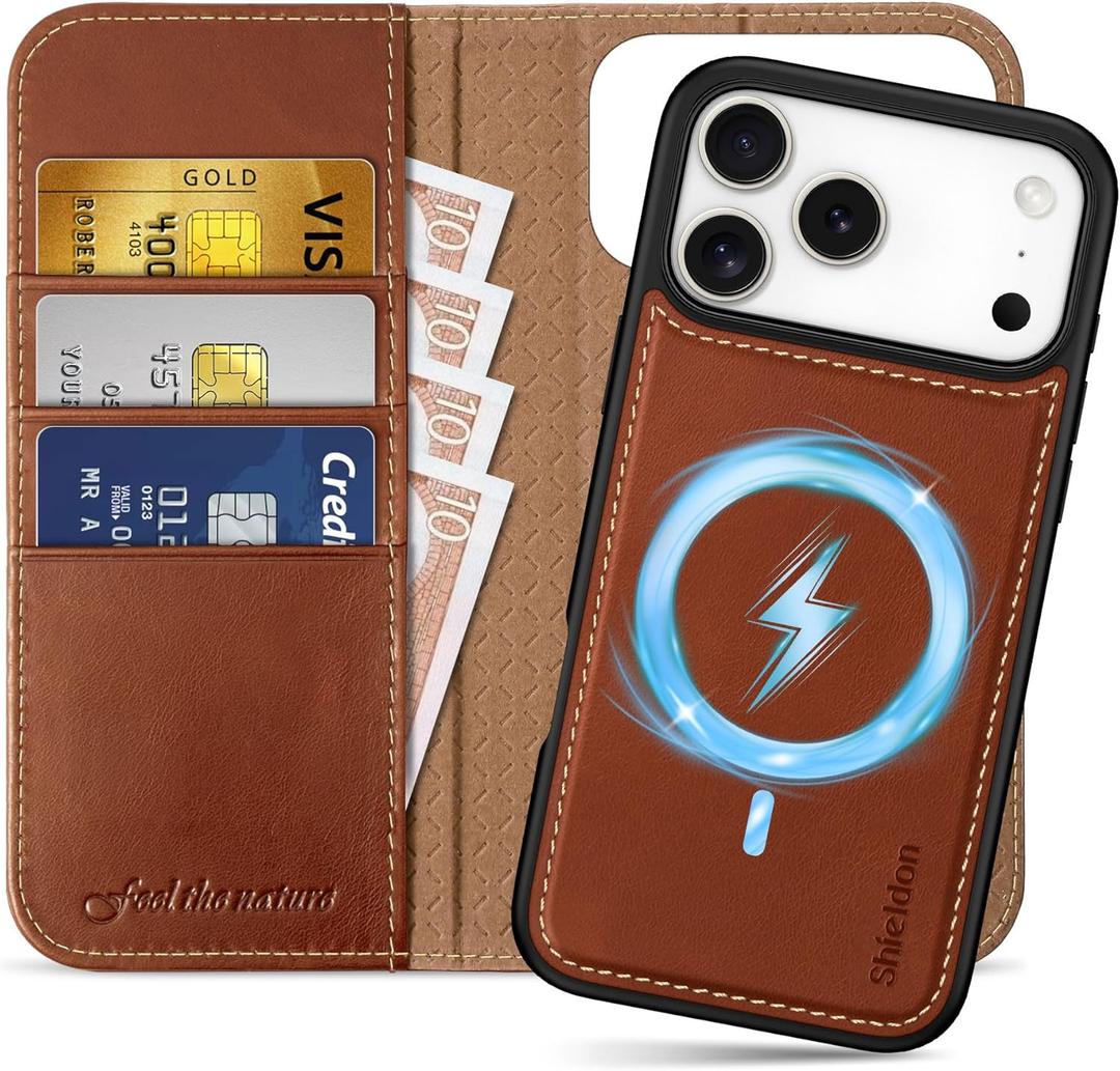 SHIELDON 2-in-1 Genuine Leather Case Wallet for iPhone 17 Pro Max 6.9" | Wireless Charging, Detachable, Magnetic, RFID Blocking Card Slot, Kickstand, Shockproof Protective Cover 2025 - Retro Brown