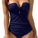 Eomenie Women's Push Up Wrap Front Swimsuit One Piece Tummy Control Bathing Suits Bandeau Support Slimming Swimwear (Medium, Navy Blue)