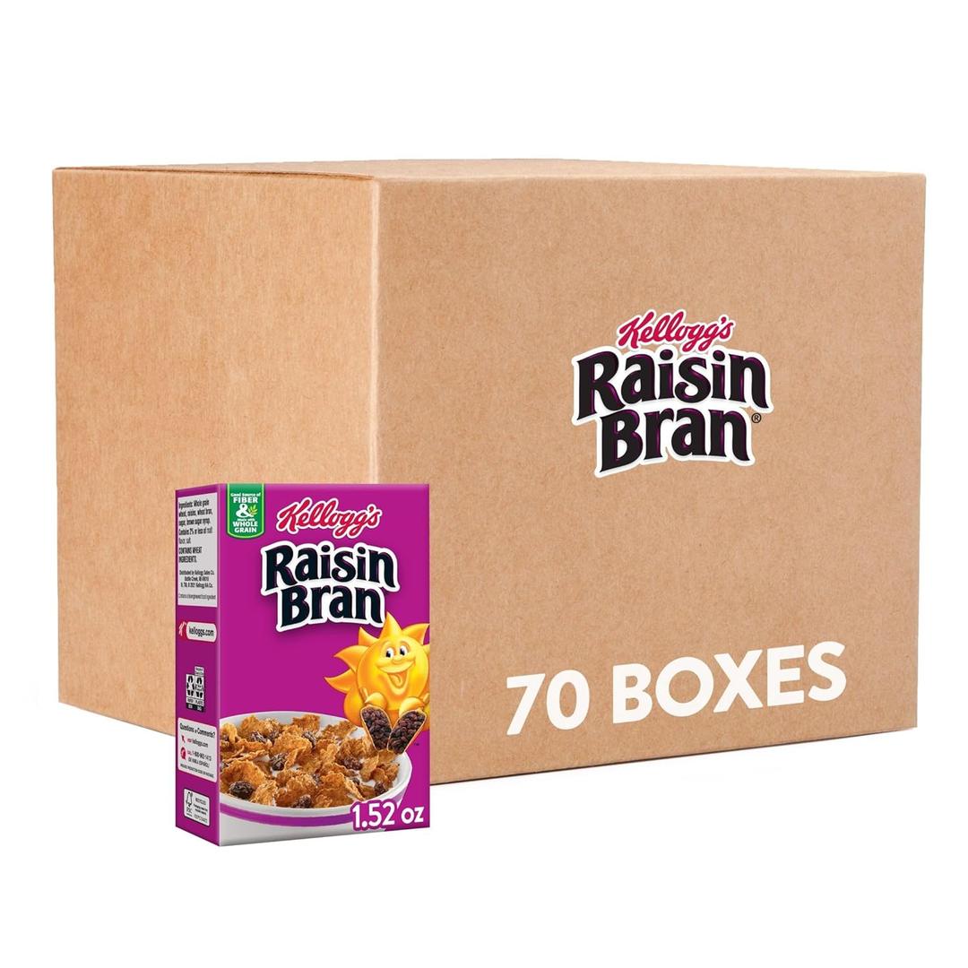 Kellogg's Raisin Bran Breakfast Cereal, Fiber Cereal, Made with Real Fruit, Original (70 boxes) (1.52 Ounce (Pack of 70)), Best By: AUG 13 2025