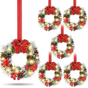 6 Pcs Mini Christmas Cabinet Wreath with Lights Prelit 8" Artificial Small Pinecone Front Door Wreath with Bow Xmas Hanging Garland for Kitchen Window Stairs Railing 