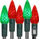 WATERGLIDE C6 Christmas Lights, 33ft 100 LED Faceted String Lights Green Wire Fairy Lights with Safe Adaptor, 8 Lighting Mode, Waterproof for Indoor Outdoor Patio Xmas Tree Party Decor, Red & Green