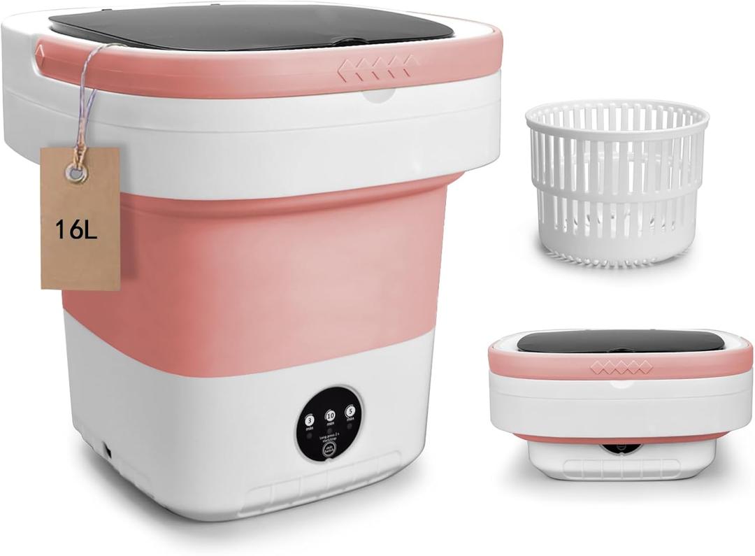 Portable Washing Machine, Mini 16L Foldable Washer and Dryer with 3 Modes Deep Cleaning, Upgraded Small Collapsible Laundry for Hotel, Apartment, Home and Travel - Pink