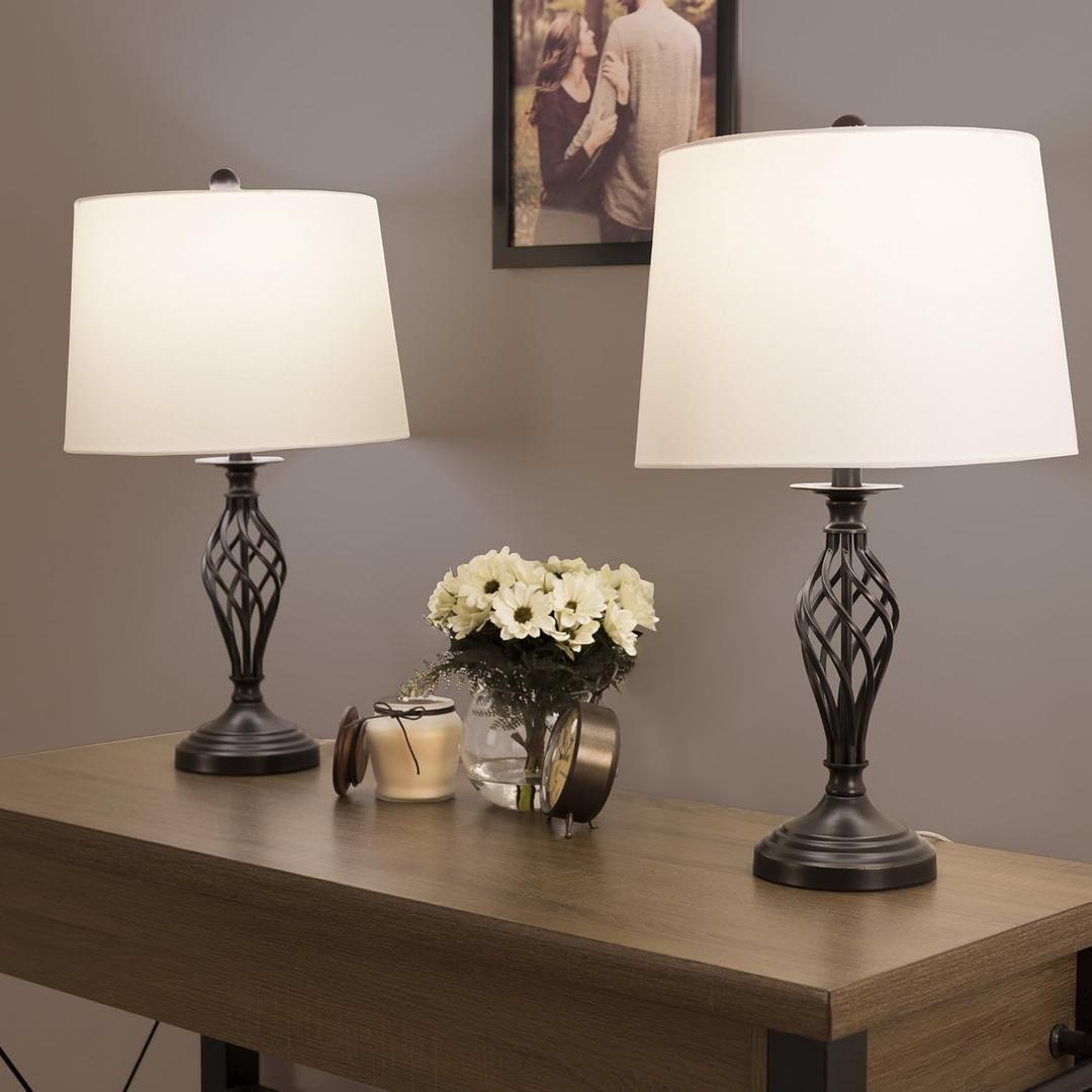 Spiral Cage Table Lamps - Rubbed Bronze, Modern Farmhouse Style, Bedside, or Living Room Lamps with White Drum Shades by Lavish Home