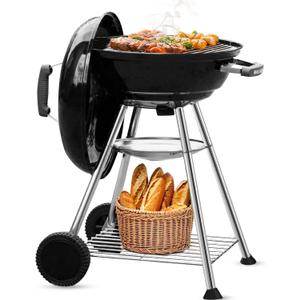 BEAU JARDIN Charcoal Grill 18 Inch for Outdoor Cooking BBQ Barbecue Coal Kettle Bowl Grill Portable Heavy Duty Round with Wheels Grilling for Tailgating Patio Backyard Camping Black