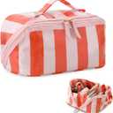 DYSHAYEN Stripe Travel Makeup Bag with Compartments Clear Coated Cosmetic Bag for Women, Waterproof Portable Open Flat Toiletry bag Pink-Orange