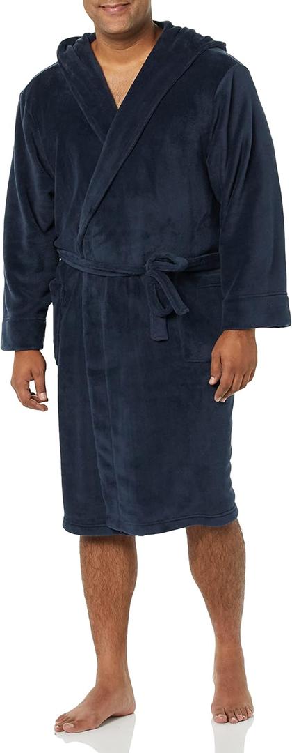 Amazon Essentials Men's Mid-Length Plush Bathrobe, Navy, X-Small-Small