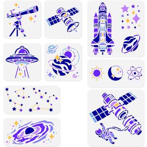 9 Pack Space Universe Planet Craft Stencil for Painting Reusable Plastic Aviation Themed Stencil for Painting on Wall Wood Fabric Canvas, DIY Home Decor Craft Stencil