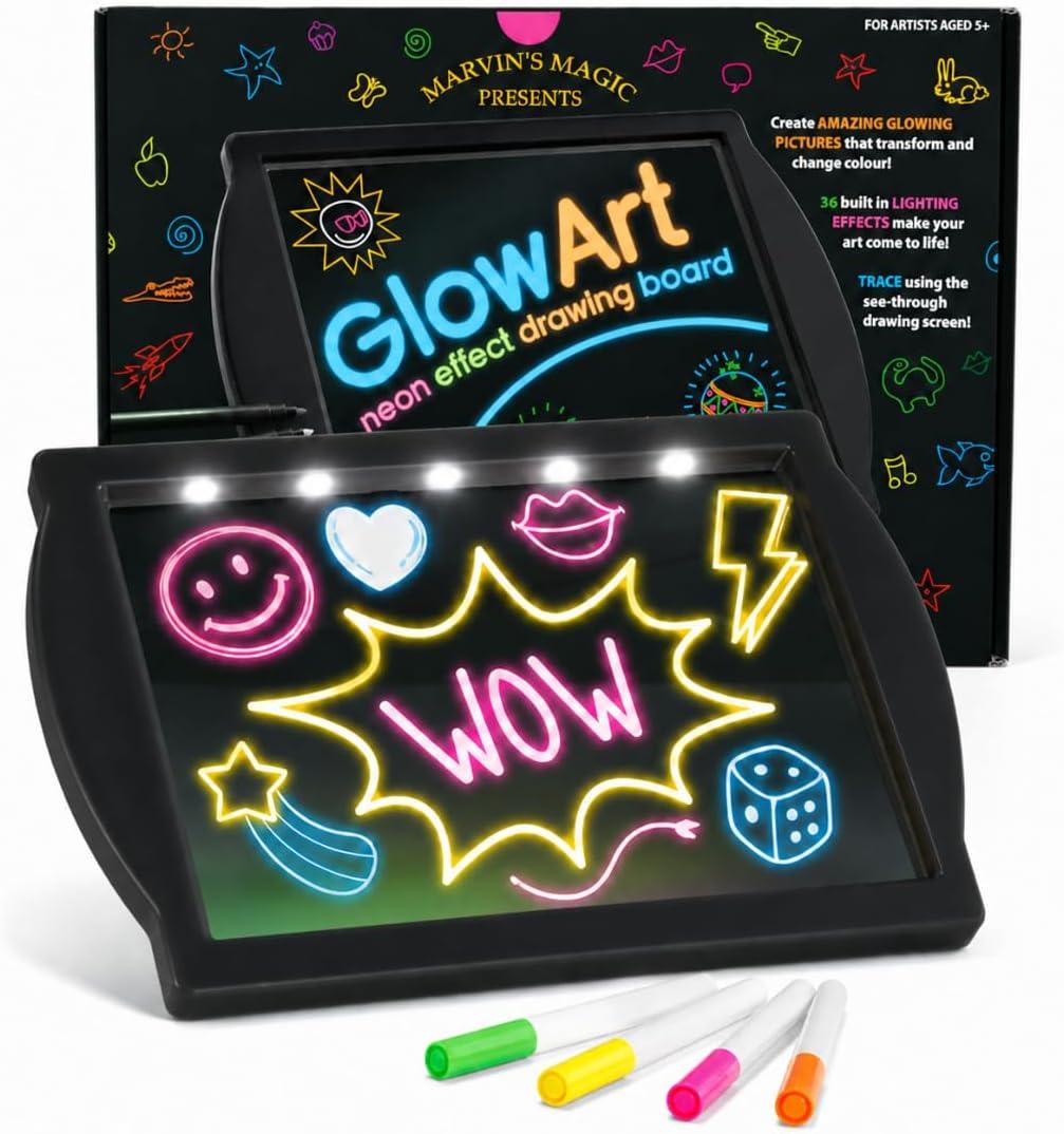 Marvin's Magic Glow Art Neon LED Drawing Board for Kids - Black Doodle Board with Glow in the Dark Markers - Light Up Tracing Pad and Drawing Tablet - Mess Free Arts and Crafts Set Ages 5+