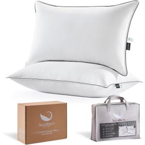 Goose Feather and Down Bed Pillows Standard Size Set of 2, Luxury 3-Chamber Pillows with Soft & Down-Proof Cover, Fluffy Plush Hotel Pillows for Side, Back & Stomach Sleepers