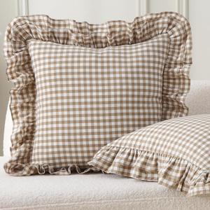 Aryeleay 2 Pack Taupe White Plaid Ruffle Throw Pillow Covers, 100% Cotton Gingham Checkered Farmhouse Decorative Pillow Shams for Bed/Sofa-18 x18