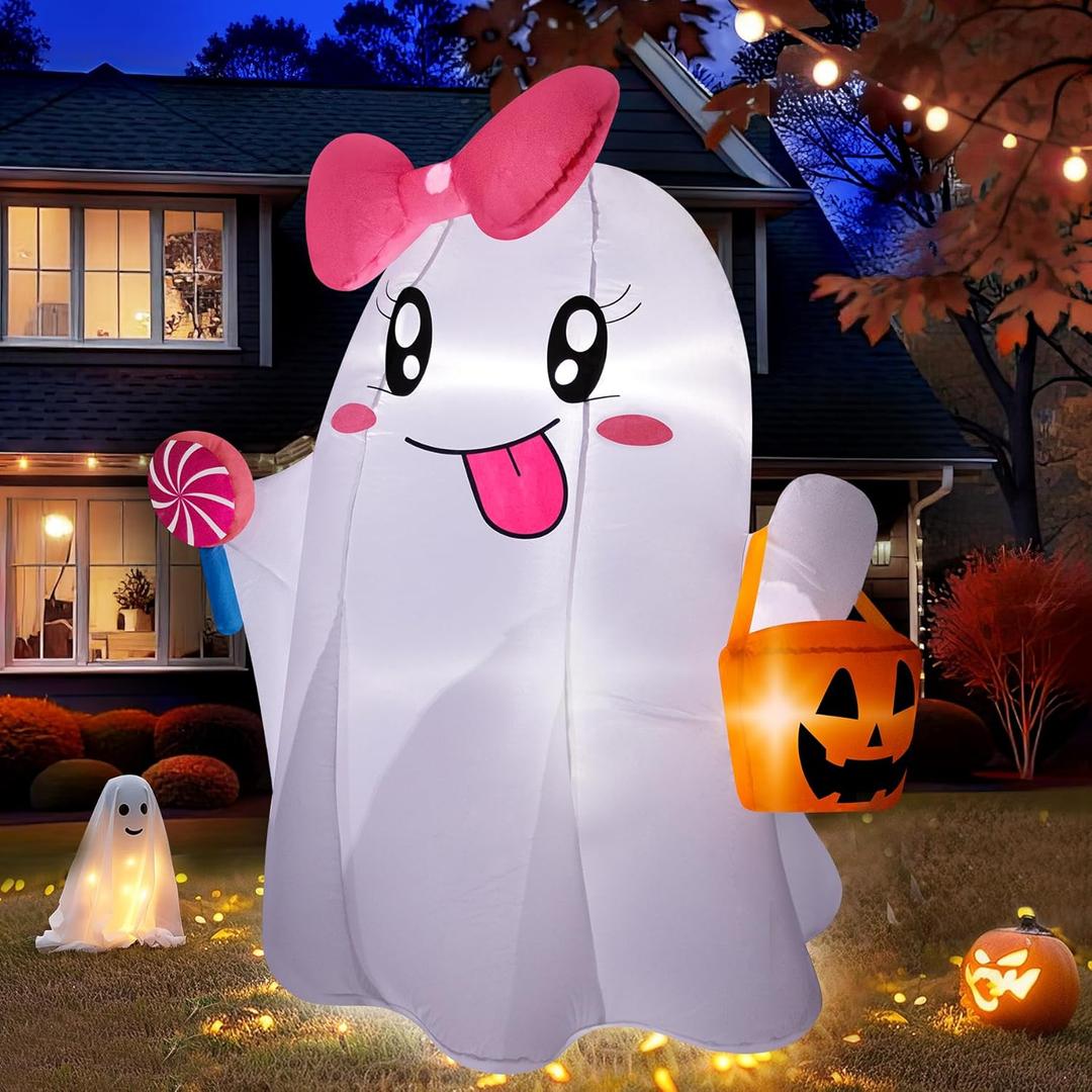 5FT Halloween Inflatables Ghost, Cute Halloween Decorations Outdoor Blow Up Yard Decorations with Built-in Bright LED Lights Pumpkin Lollipop Bow Blow-ups for Indoor Outdoor Holiday Party