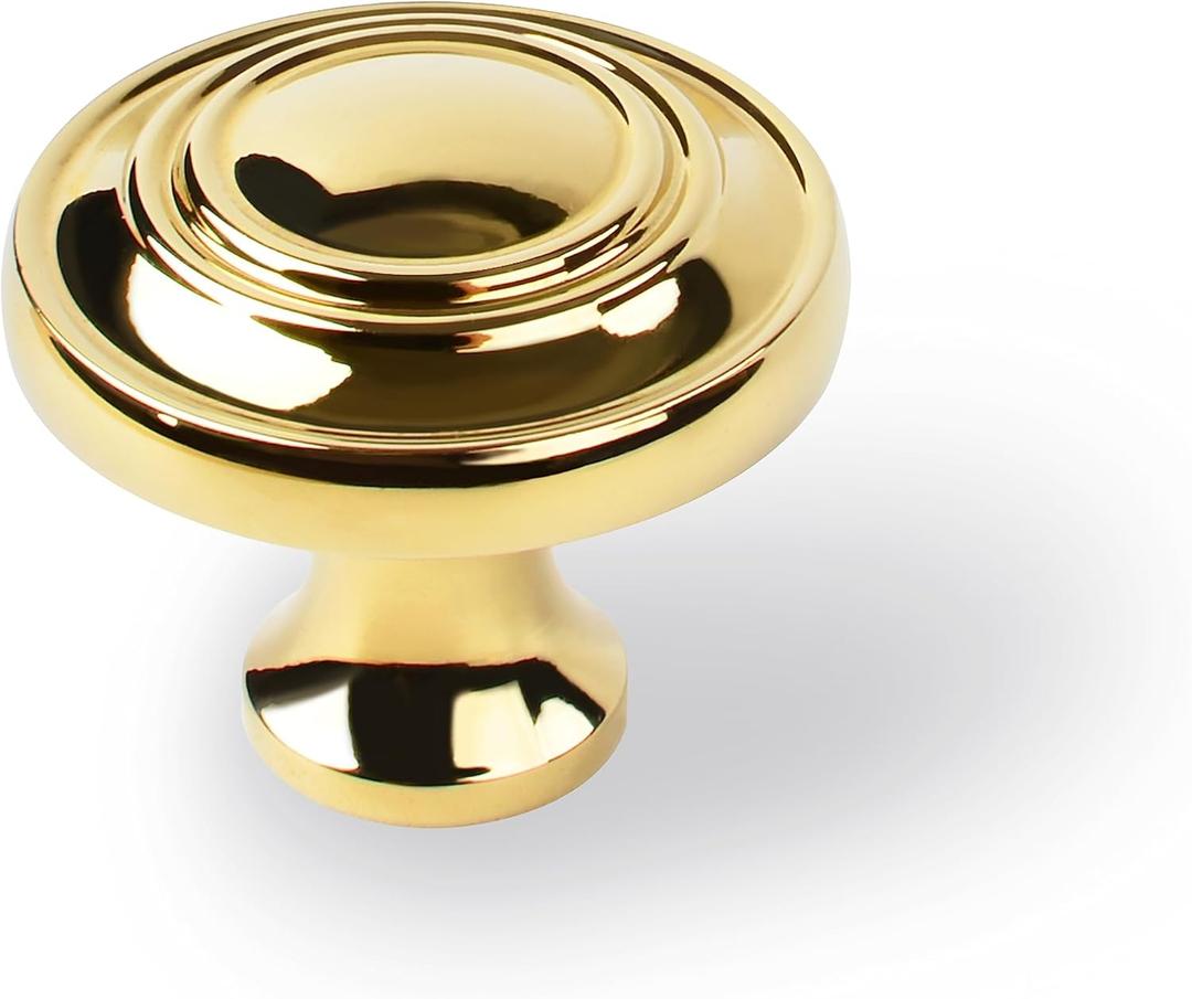 SALISENG- 5 Pack Polished Brass Kitchen Cabinet Knobs, Round Gold Dresser Drawer Knobs, 1.23-Inch 31mm Diameter, Modern Furniture Pulls and Handles for Cupboard Wardrobe(Gerrette)