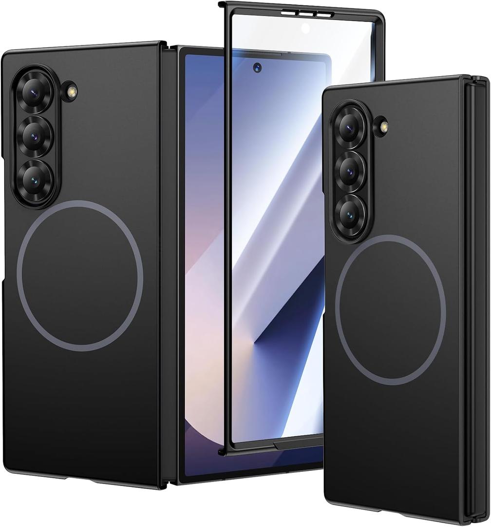 VEGO for Galaxy Z Fold 6 Case, for Samsung Z Fold 6 Case with Front Tempered Glass Screen Protector, Compatible with MagSafe, Support Wireless Charging Slim Magnetic Protective Thin Cover - Black