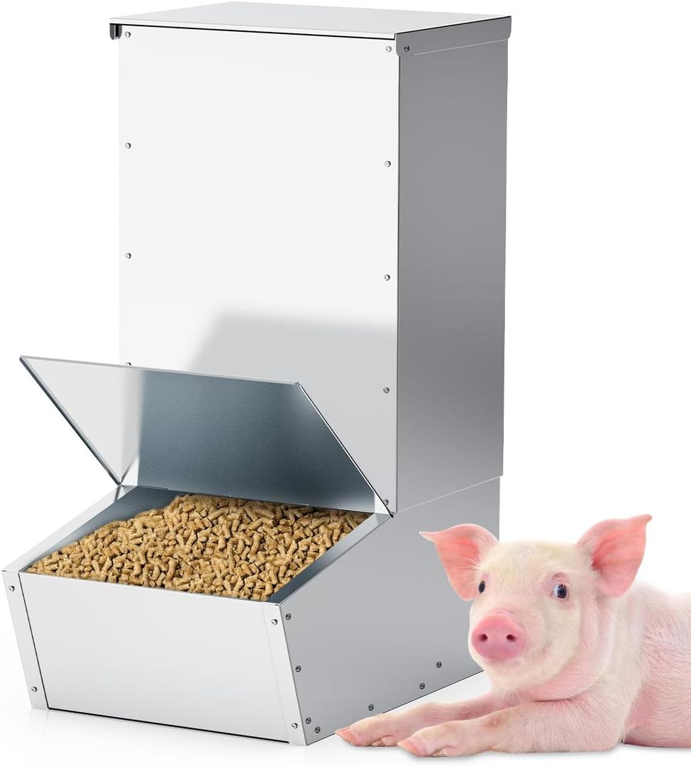 Hog Feeder, 2.5 Bushels Capacity, Heavy Duty Galvanized Steel Single Door Pig Feeder, Moisture Proof Piglet Creep Feeder, All Nuts Pre-Installed, Silver