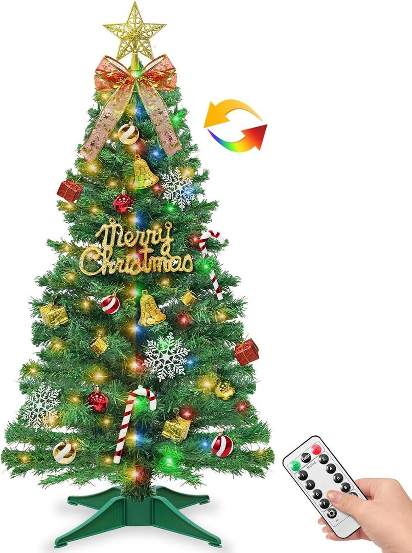 Remote Control-3 FT Artificial Mini Christmas Tree,Tabletop Small Christmas Tree with 50 Warm White & Multicolor Changing Lights Timer 8 Modes DIY Ball Ornaments,Home,Office,Indoor Holiday Decoration (Green)