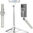 TONEOF 68" Magnetic Selfie Stick Tripod with Aluminum Strong Magnetic Holder for Magsafe, 360 Rotatable Travel Phone Tripod Stand with Metal Ring & Rechargeable Remote for iPhone/Android (Beige/Gray)