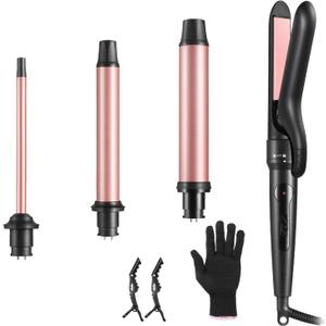 4 in 1 Curling Iron with Interchangeable Ceramic Barrels (0.35"-1.25"), Curling Wand Set with Flat Iron Hair Straightener, Dual Voltage Hair Curler, 2 Temps Fast Heat Hair Waver Curler (Gold)