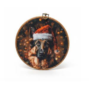 IDUXIY Vintage Christmas Dog Wall Art Decor, Retro German Shepherd Santa Hat Canvas Print Round Wall Hanging Decor, Framed, 10x10 Inch.(137)