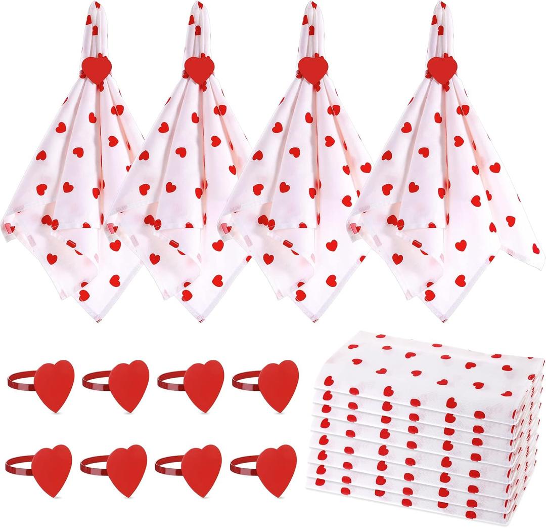 Patelai 8 Sets Valentine's Day Cloth Napkins with Red Heart Rings Set Reusable Cotton Fabric Love Cocktail Napkins Metal Heart Shape Rings Holders for Valentine's Day Wedding Dinner(Classic)