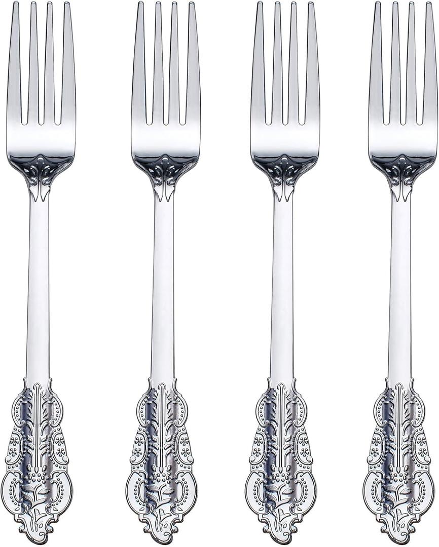 WDF 100 Piece Silver Forks Disposable - 7.48 Inch Silver Plastic Forks - Baroque Silverware for Dessert Cake - Heavy Duty Plastic Fork for Party Wedding or Daily Using Baby Shower Spring