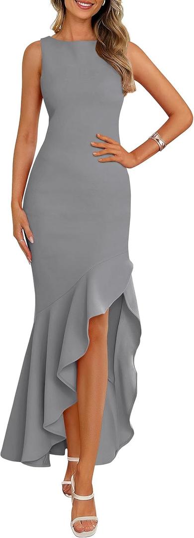 PRETTYGARDEN Wedding Guest Dresses for Women 2026 Summer Formal Gala Maxi Dress Ruffle Mermaid Cocktail Long Dresses (Medium, Grey)