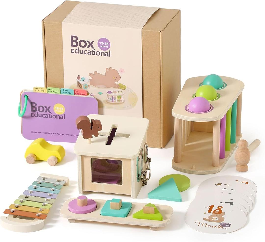 IEATFO Montessori Toys for Babies 12-18 Months, 7-in-1 Wooden Playful Learning Toys with Ball Pounding Bench and Xylophone, Shape Lockbox, Shape Peg Puzzle, Wooden Car and More, Stage-Based