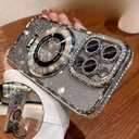 Magnetic Kickstand (Glitter Lens Protector ) Case for iPhone 15 14 13 12 Pro Max (Compatible with Magsafe ) Sparkling Diamond Cover Glitter Shiny Rhinestone Cases (Silver,for iPhone 15 Pro)