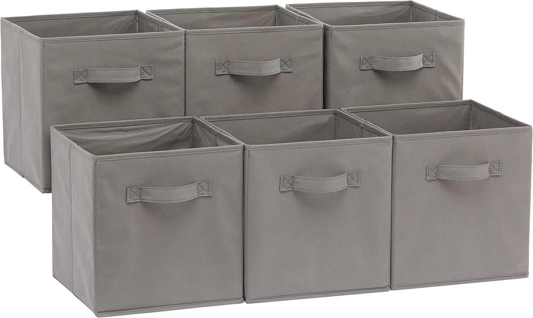 Amazon Basics Collapsible Fabric Storage Cubes Organizer with Handles, Sturdy, Foldable, Space-Saving, 10.5"x10.5"x11", Gray, 6-Pack