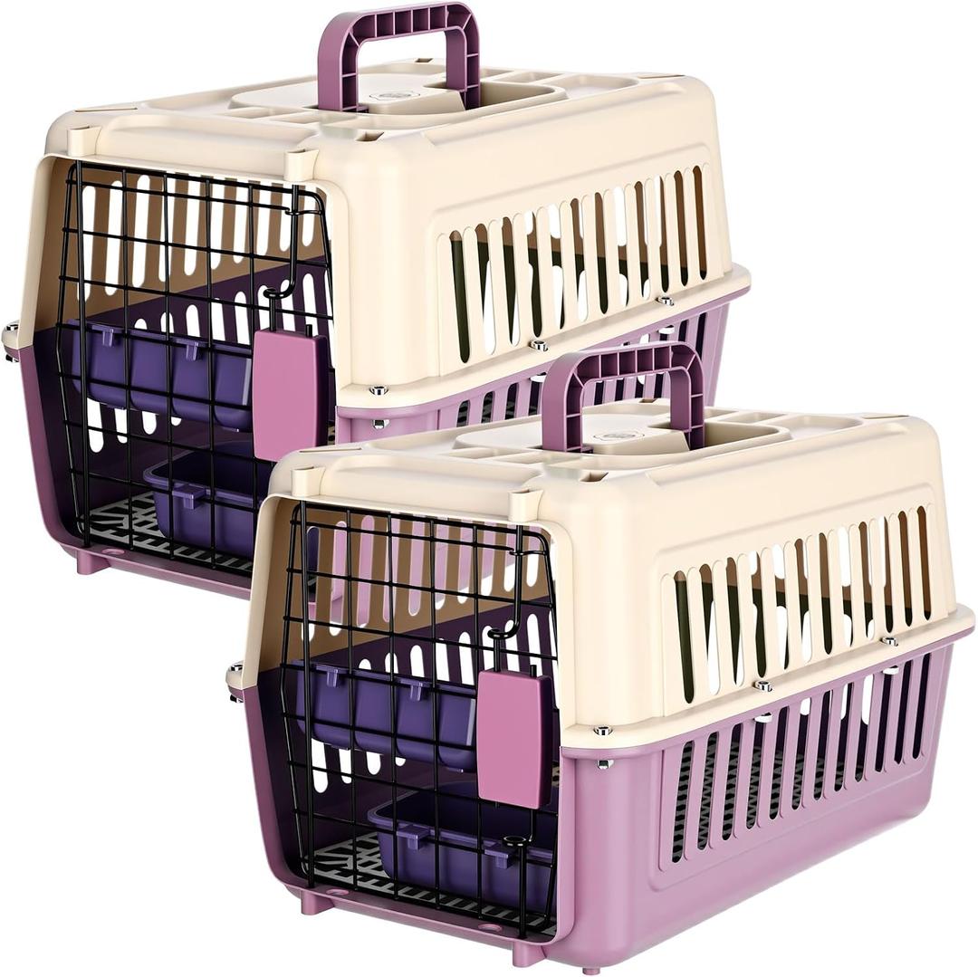 Fiwochic 2 Set Hard Plastic Pet Carrier Breathable Dog Cat, Purple White