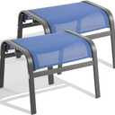 ONBRILL Outdoor Ottoman Set of 2, All Weather Outdoor Foot Stool with Supportive Textliene and Metal Frame, Stackable Oversized Outdoor Foot Rest for Furniture Patio Garden Pool, Blue