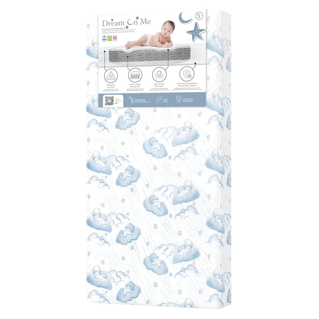 Dream On Me Nap Nest Crib and Toddler Mattress, Dual-Sided - Infants & Toddlers, Waterproof 5 Mattress with 88 Interwoven Coils, 75% Recycled Fiber, GREENGUARD Gold & BSA Certified Blue Cloud
