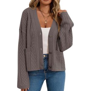 GREAIDEA Women's Fall Chunky Knit Open Front Sweaters Long Sleeve Button Cardigan 2025 Loose Short Outerwear Coats (Medium, Dark Grey)