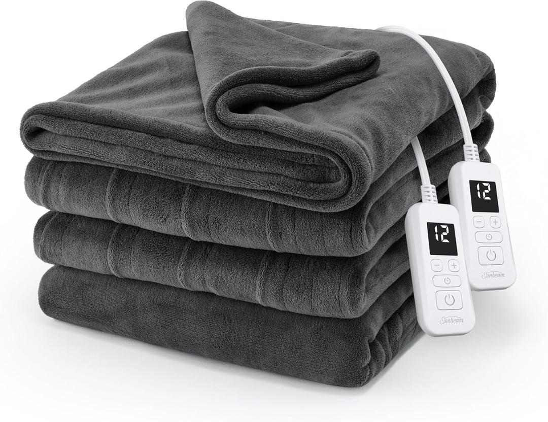 Sunbeam Electric Royal Luxe Microplush Heated Blanket 12 Heat Settings, 12-Hour Selectable Auto Shut-Off, Fast Heating, Warm and Cozy, Jet Grey Color, Queen, 90" x 84", Jet Grey