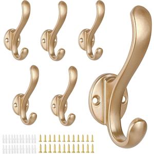 6 Pack Coat Hooks Wall Mount Heavy Duty Utility Retro Double Hooks for Hanging Coats,Hat, Towel, Key, Robe, Scarf, Bag, Cap (Gold)