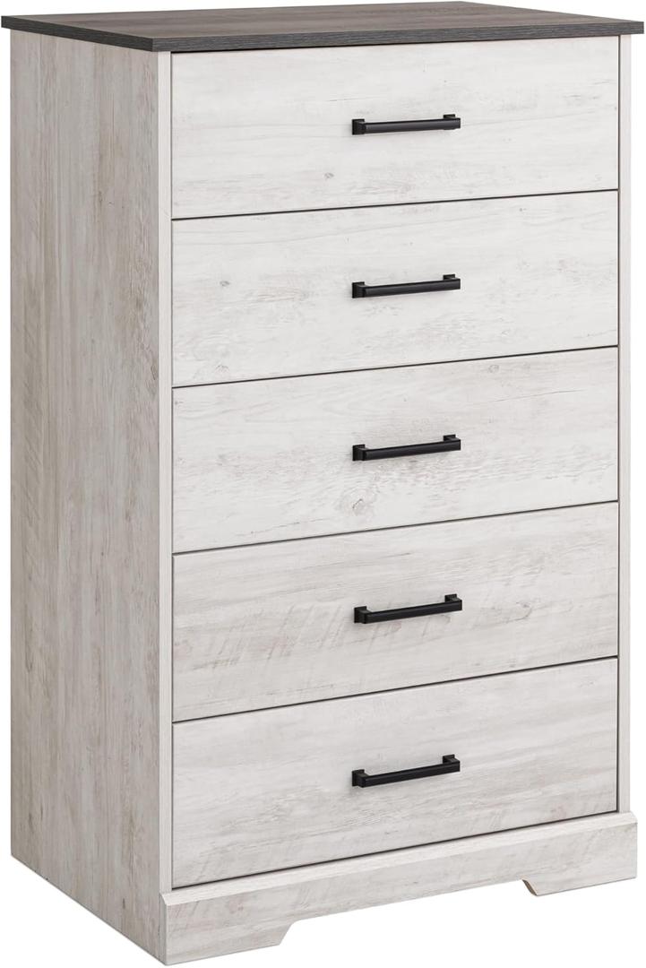 Prepac Rustic Ridge Farmhouse Dresser, Washed White Dresser for Bedroom, Chest of Drawers with 5 Drawers 18.5" D x 27.5" W x 43.5" H, ABDR-1605-1
