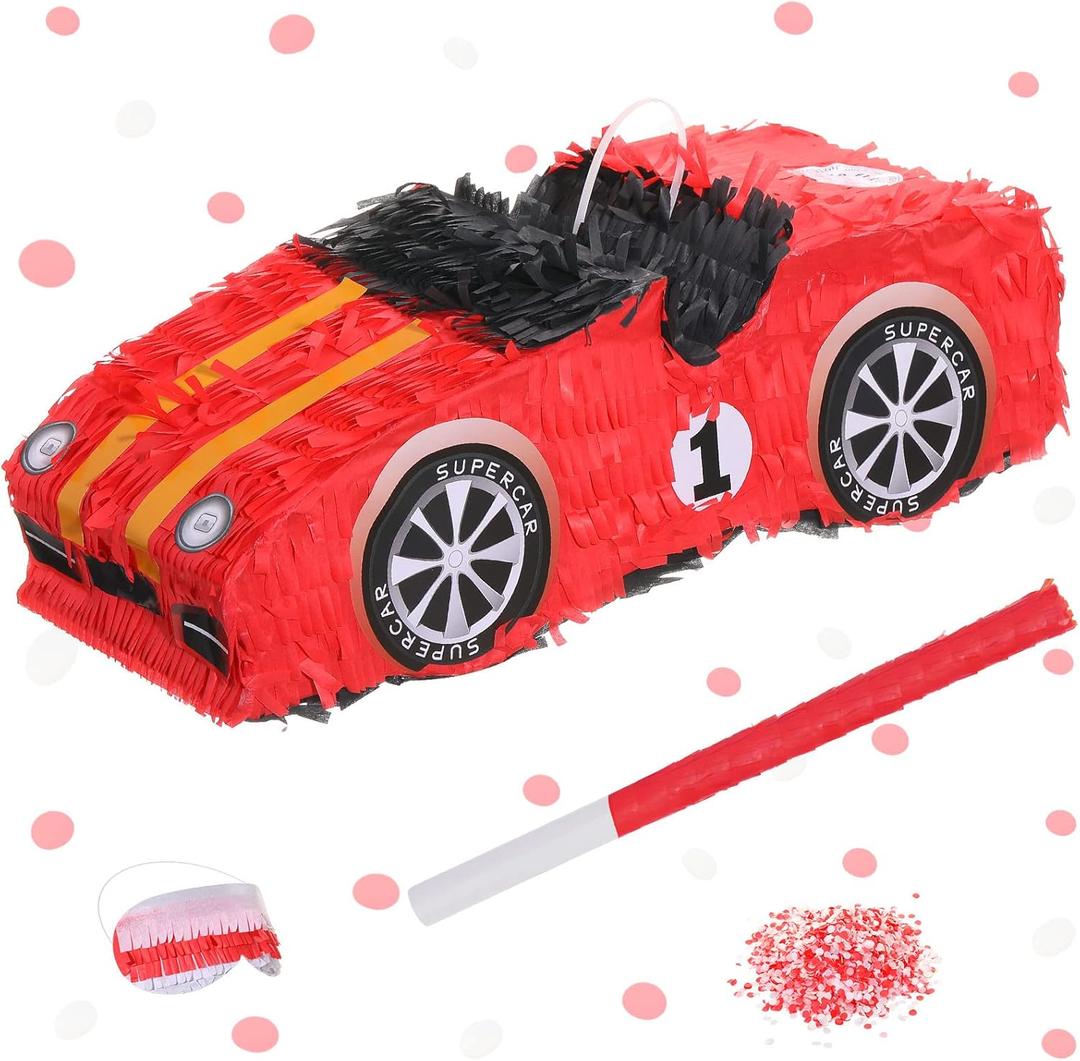 Sotiff Race Car Piata with Blindfold Bat Confetti, 16 x 5 x 7'' 3D Mexican Race Car Piata for Birthday Party Supplies, Exciting Party Games for Boy Girl Baby Shower Back to School Photo Booth Prop