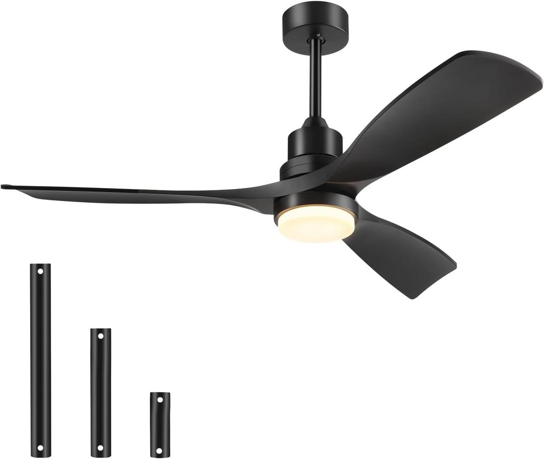 Ceiling Fan with Lights Remote Control, 52 Inch Black Ceiling Fans with 3 Downrods, 3 Blades, Timer, 6 Speed Modern Fan Quiet Reversible DC Motor for Patio Bedroom Outdoor/Indoor