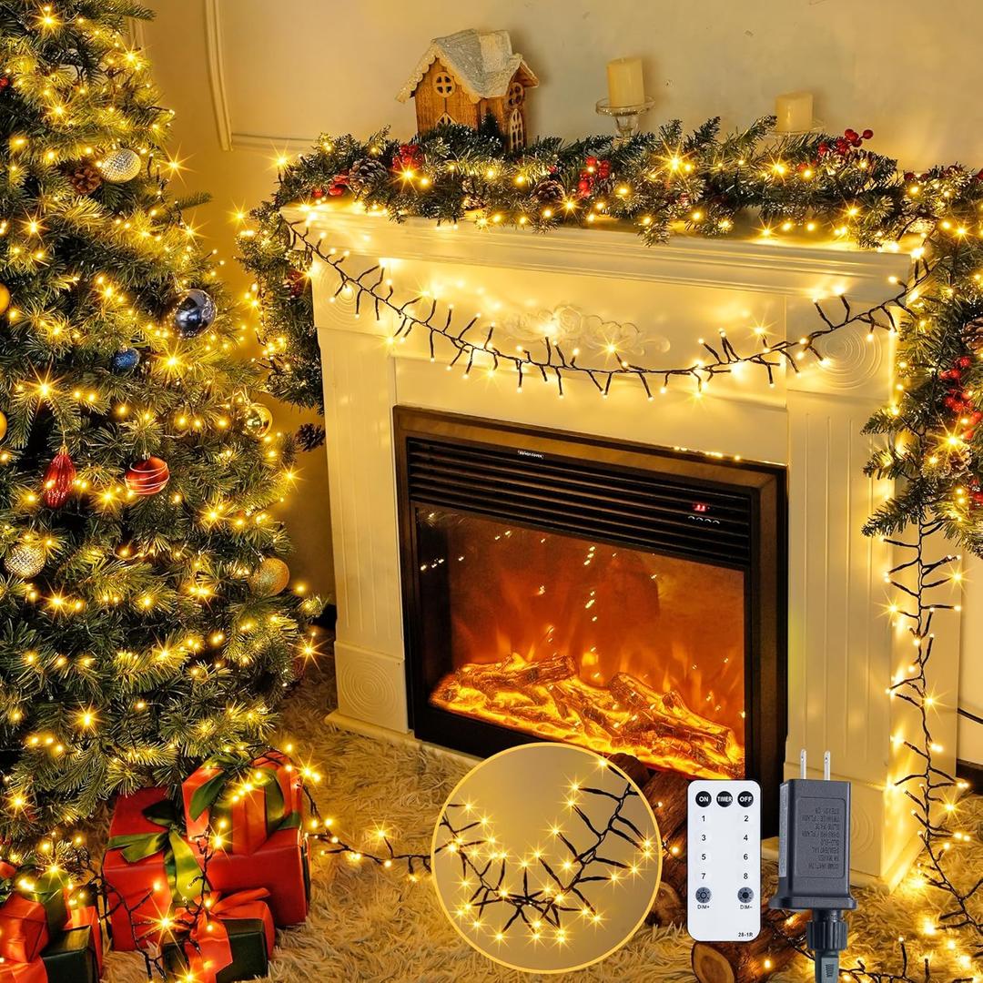 JMEXSUSS 400 LED Cluster Lights Christmas Green Wire Plug in, 20ft Twinkle Lights Outdoor with Remote, 8 Modes Cluster Lights for Christmas Tree Garland Wreath Door Decoration, Warm White