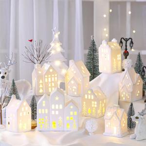 Cindeer 26 Pcs Ceramic Christmas Village Set 8 LED Christmas Village Houses 16 Xmas Trees Farmhouse 2 Lamp Post Scenes Decor White Tabletop Decoration(Elegant)