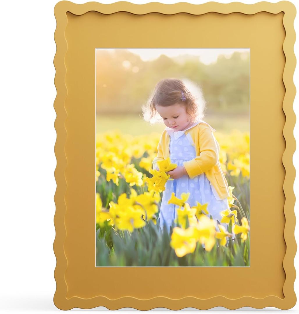 11x14 Picture Frame with Mat for 8x10, Wavy Edge Wooden Real Glass Photo Frame for Wall Hanging, Yellow, 1 Pack