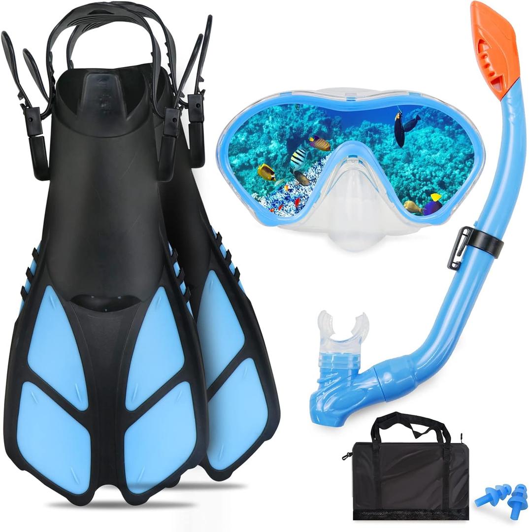 AosDero Kids Snorkeling Set with Flippers Panoramic Snorkel Mask Dry Top Snorkel Earplugs Gear Bag, Snorkeling Gear for Kids, Youth, Boys and Girls Age 5-12