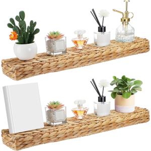 Pinkunn 2 Pack Handwoven Water Hyacinth Floating Wall Shelf 23.6 Inch Woven Wall Mounted Shelf Rustic Floating Shelves for Bathroom Bedroom Kitchen Living Room Storage Shelves Over Toilet, 23.6 x 4.7 x 2 inches