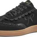 LUCKY STEP Women’s Lace Detail Casual Sneakers Organza Ribbon Lace-Up Fashion Vintage Gum Sole Trendy Cute Shoes(Black,7)