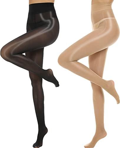 MANZI Shiny Pantyhose for Women 2 Pairs Shimmer Sheer Tights Ultra Silky, S-M