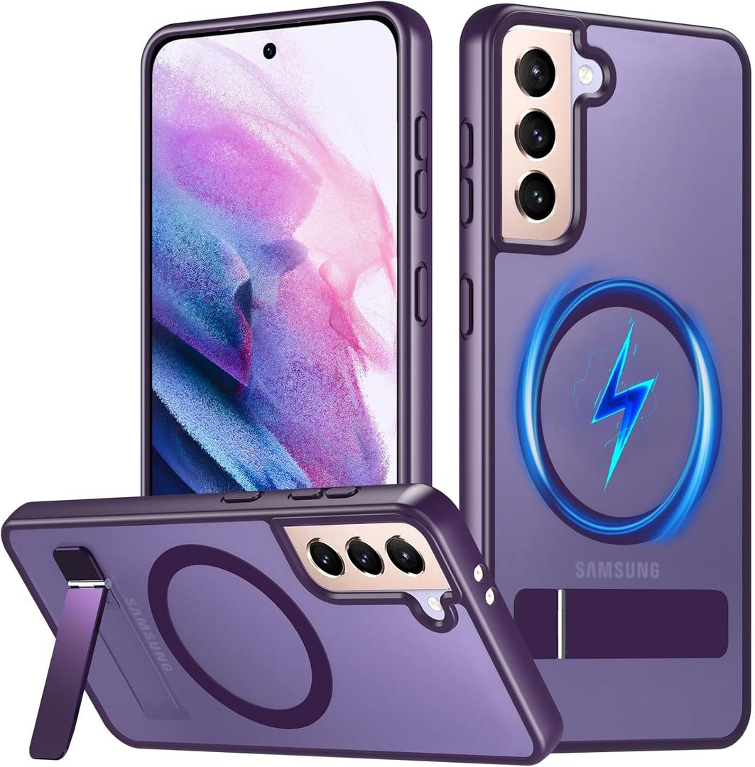 OWKEY for Samsung Galaxy S21 Case with Stand, Magnetic Shockproof Case Fit for Magsafe Translucent Matte Cover for Samsung S21, Purple