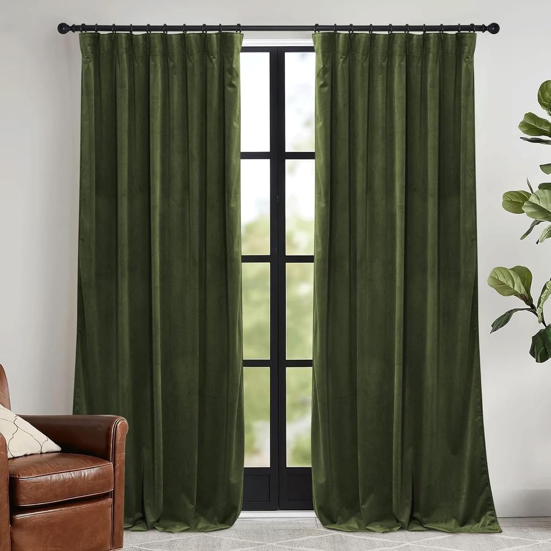 RYB HOME Olive Green Velvet Curtains 90 inches Long - Room Darkening Luxury Window Treatment Privacy Thermal Insulated Backdrops for Living Room, 52 inch x 90 inches, 2 Panels Set