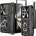 VEGO for Galaxy Z Fold 4 Case, with [S Pen Holder][Hinge Protection][360-degree Rotating Kickstand][Slide Camera Cover][Front HD Screen Protector] Protective Cover for Samsung Z Fold 4 - Black