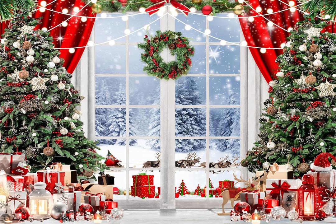 LYCGS 15X10ft Christmas Backdrop Winter Snow Scene Backdrop for Photography Christmas Window Background Xmas Tree & Party Decoration Banner X-171