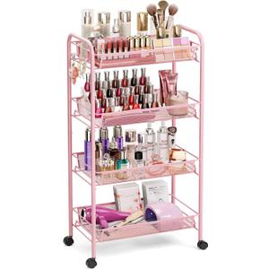 TOOLF 4 Tier Rolling Utility Cart - Durable Metal Design Pink Utility Cart, Storage Trolley on Wheels with 3 Hooks, Perfect for Kitchen, Bathroom & Laundry Room Organization